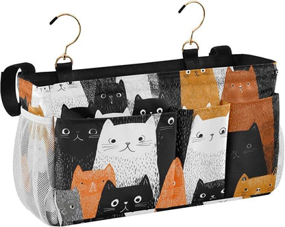 CuwrYet Bedside Caddy Hanging Bunk Bed Caddy Bed Organizer Hanging Pocket with 2 Hooks Bedside Storage Organizer Pocket Bag Holder Black and White Orange Cat