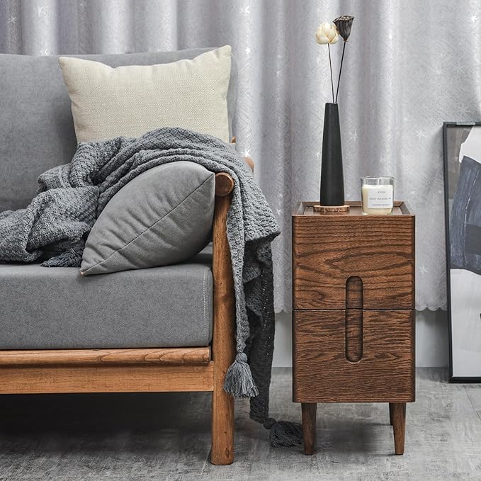 Cttasty Mid Century Modern Nightstand, Narrow Nightstand, Minimalist Side Table for Bedroom, 2-Drawer Bedside Tables (Walnut, 9.84inches)