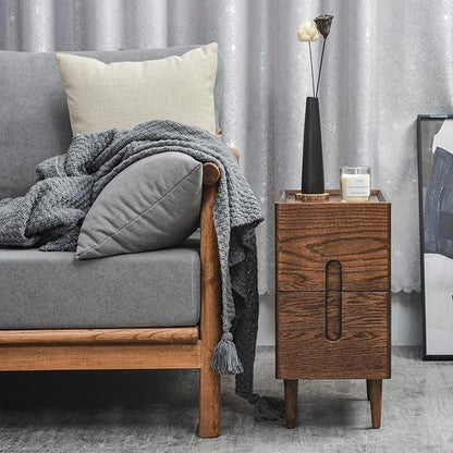 Cttasty Mid Century Modern Nightstand, Narrow Nightstand, Minimalist Side Table for Bedroom, 2-Drawer Bedside Tables (Walnut, 9.84inches)