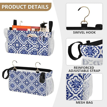 CuwrYet Bedside Caddy Hanging Bunk Bed Caddy Bed Organizer Hanging Pocket with 2 Hooks Bedside Storage Organizer Pocket Bag Holder Floral Blue and White Geometric