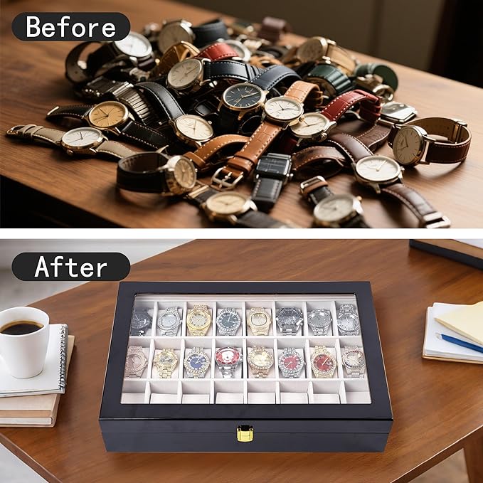 Baojulong 24-Slot Black Wooden Watch Box, Watch Organizer with Clear Lid, Ideal for Watches