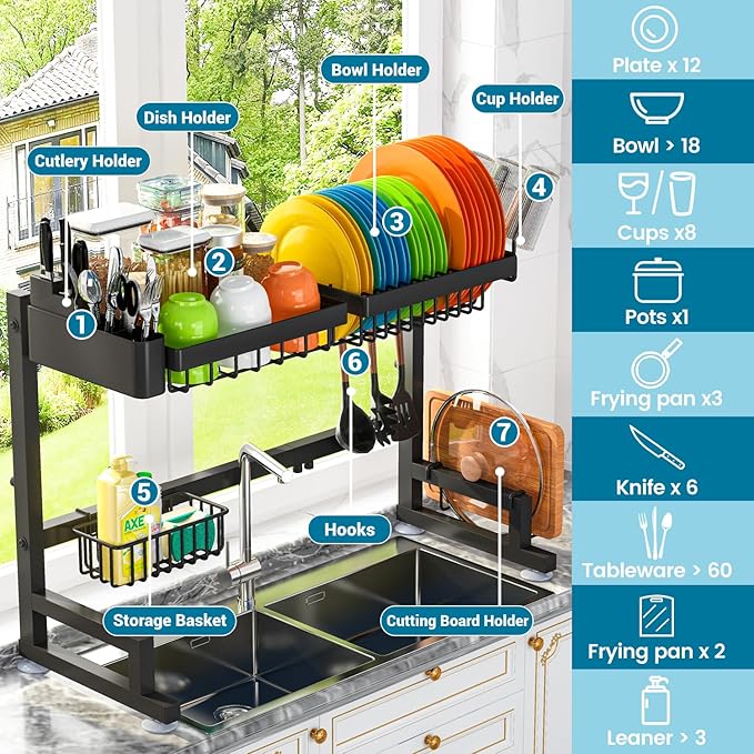 ADBIU Fit Sink 24.5"- 35.5" L Over Sink Dish Drying Rack (Expandable Dimension) Snap-On Design 2 Tier Large Kitchen Dish Rack Stainless Steel Counter Organization and Storage