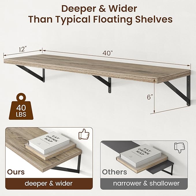 Axeman Deep Floating Shelves - 40 Inch Floating Shelves Set of 2-12 Inch Deep Grey Wood Wall Shelves for Living Room Bathroom Kitchen
