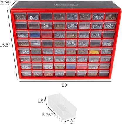 64-Drawer Storage Organizer - Plastic Drawers for Organization - Desktop or Wall-Mounted Container for Hardware, Tools, and Beads by Stalwart (Red)