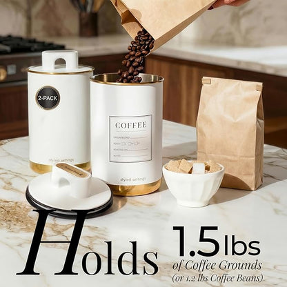 STYLED SETTINGS Vacuum Coffee Container Set – 2 Piece Coffee Jars with Lids for Beans or Grounds, White and Gold Stainless Steel Storage Canisters, Scoop & Labels Included – Coffee Gift Set