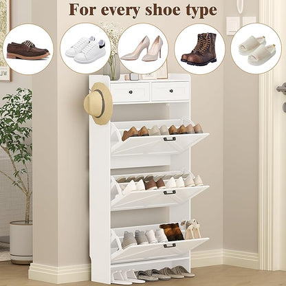 Shoe Cabinet with 3 Flip Drawers & 2 Storage Drawers, Rustic Farmhouse Narrow Shoe Organizer Cabinet, Slim Shoe Rack Cabinet, Shoe Storage Cabinet for Entryway, Hallway, Front Door
