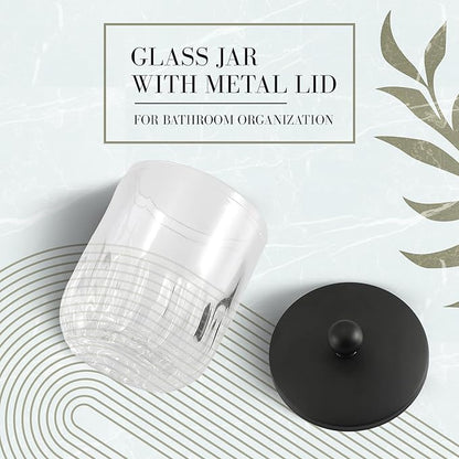 Indecor Home Glass Jar with Metal Lid for Bathroom Organization, Clear Apothecary Jar for Cotton Balls, Q Tips, and Small Accessories, Stylish Bathroom Storage Container Black
