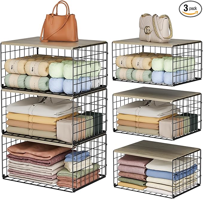 Wider Stackable Closet Organizers and Storage with Wood Top, 3 Pack Closet Shelf Organizer, Space-Saving Clothes Storage Bins for Wardrobe & Bedroom & Small Spaces, Sturdy Metal Black