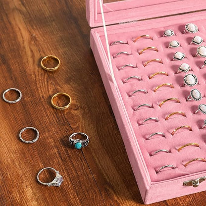 Frebeauty Ring Organizer Tray 100 Slots Ring Holder with Clear Lid Velvet Storage Box Jewelry Tray for Jewelry Store Earring Display Case for Jewelry Show Studs Box for Women(Pink)