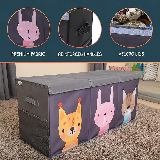 Extra Large Toy Storage Organizer with Lid - Sturdy, Collapsible Toy Chest Storage Box with Cute Design - Toys Bin with Dividers for Kids, Boys, Girls, Nursery, Bedroom, Play room 37"x16"x14"