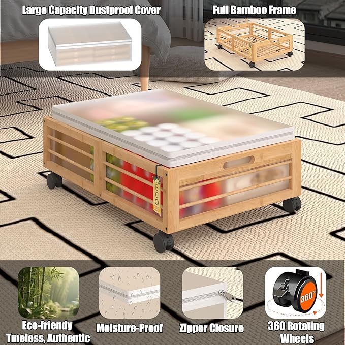 Bamboonova Bamboo Underbed Storage Containers with Wheels & Bag 2 Pack, Large Under Bed Rolling Storage Bins Wood Under Bed Clothes Storage Stackable Drawers for Bedroom Closet Under Crib Toy(Natural)