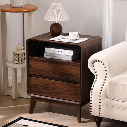 GlowVitaHome Nightstands Set of 2, Wood Bedside Tables with 2 Drawers and Open Storage, Accent End Tables with Solid Wood Legs for Bedroom,Walnut