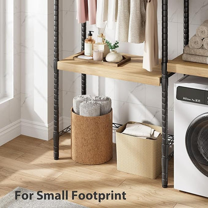IDEALHOUSE 30" Adjustable Washer Dryer Shelf, 5-Tier Heavy Duty Laundry Organizer with Shelf Capacity, Ventilated Double Wood Shelves(Natural & Black)