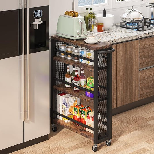 Tribesigns Slim Rolling Utility Carts with Wheels,4-Tier Narrow Kitchen Trolley Cart for Small Space,Wood Spice Storage Rack