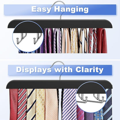 RESOVO Upgraded Tie Rack Hanger with 20 Foldable Metal Hooks, Space Saving Necktie Organizer for Men – Large Capacity Tie and Belt Wooden Hanger for Closet - Black
