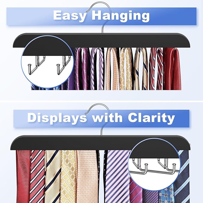 RESOVO Upgraded Tie Rack Hanger with 20 Foldable Metal Hooks, Space Saving Necktie Organizer for Men – Large Capacity Tie and Belt Wooden Hanger for Closet - Black 2 Pack