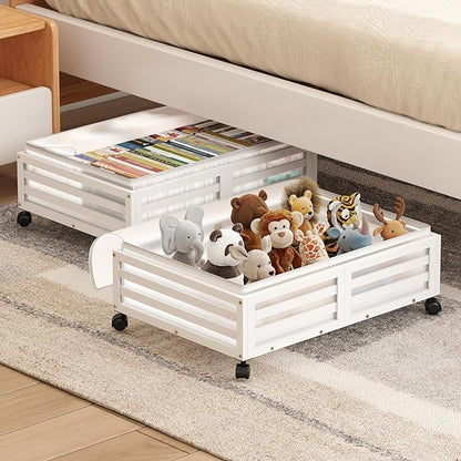 Wisuce Home Under Bed Storage Containers With Wheels - 2 Pcs Bamboo Wood Rolling Underbed Shoe Storage Bins With Dust Bags for Clothes Blankets, Duvet Covers Snacks Toys (White)