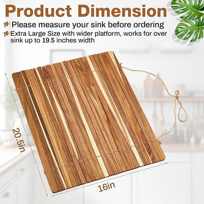 Maxdot Wooden Dish Drying Rack, 20.5 x 16 Inch Roll up Kitchen over Sink Dish Drying Rack for Dishes, Plates, Bowls, Wooden Cover Counter Space, Crack Resistant Drainer, Kitchen Supplies(Khaki)