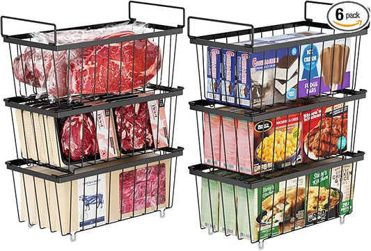 iSPECLE Freezer Storage Bins - 6 Pack Small Stackable Deep Freezer Organizer Bins for Most 7 Cu.FT Chest Freezer Sort Frozen Food, Freezer Basket with Handles Easy to Get Food from Bottom, Black