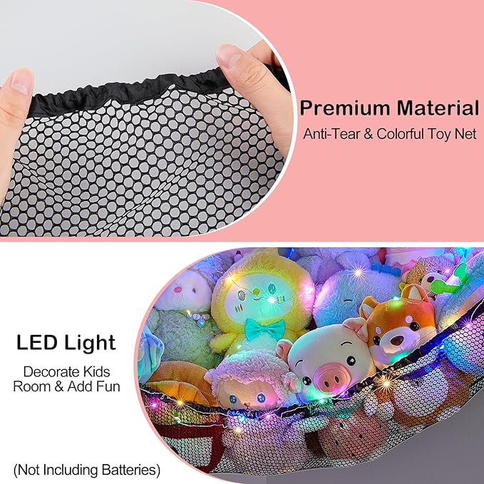 Unicorn Castle Stuffed Animals Net or Hammock Kids Toy Storage Organizer with LED Light Hanging Corner Stuffed Animals Holder Kids Girls Room Decor,Black,Large (Pack of 2)