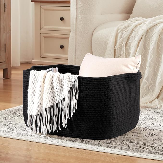 Large Blanket Basket, Black Blanket Storage Living Room, Rectangle Woven Baskets for Storage Toys, Towels, Dirty Clothes Organizer Bins (Black)