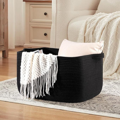 Large Blanket Basket, Black Blanket Storage Living Room, Rectangle Woven Baskets for Storage Toys, Towels, Dirty Clothes Organizer Bins (Black)