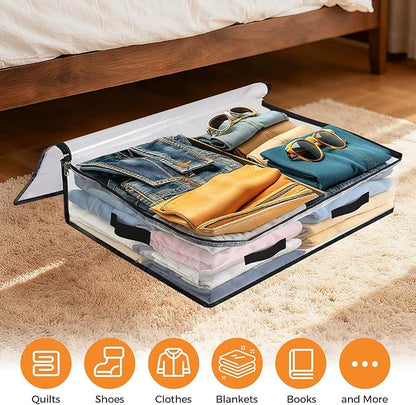 EdenDwell 2 Pack Under Bed Storage Bags, 60L Foldable Clear Storage Containers with Handles, Dual Zippers for Comforter, Clothes, Bedding, Linen Sheets, Sweaters, Blanket Storage