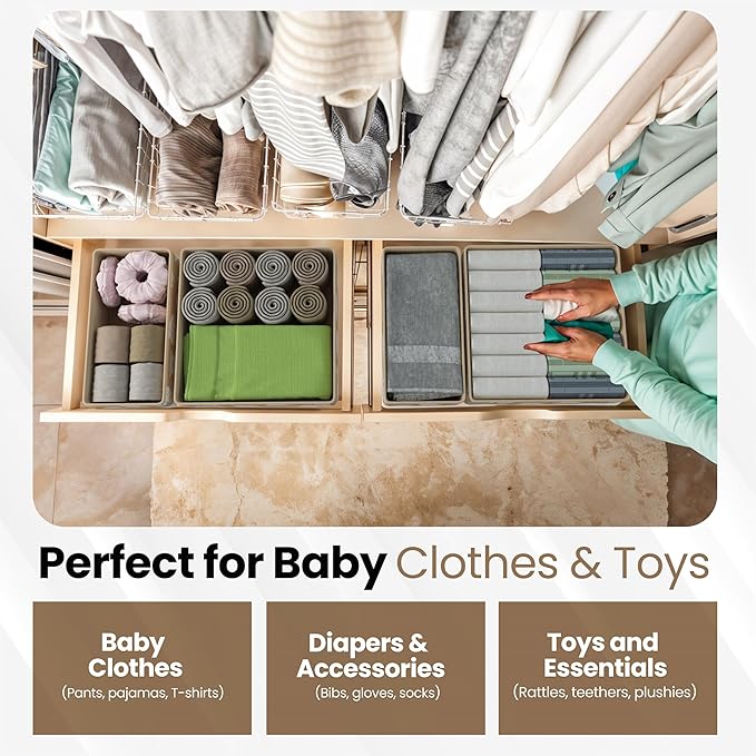 Drawer Organizer – 12 Pack Foldable Light Brown Fabric Storage Bins with White Bears | Baby Clothes, Diapers, Towels, Socks & Toys Organizer for Nursery, Dresser, Closet & Bedroom