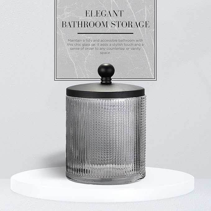 Indecor Home Gray Colored Tranlucent Apothecary Ribbed Geo Etched Glass Jar W/Matte Black Metal Lid Cover for Bathroom Organization, Cotton Balls, Q Tips, and Small Accessories, Bathroom Storage