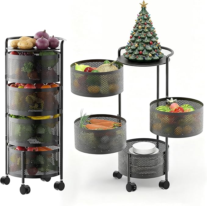 Kitchen Storage Rack No Assembly, 4-Tier Metal Storage Tower Cart Organizer on Rolling Wheels with Removal Basket for Fruit Vegetable Grocery Corns Potato Onion,Fruteros Para Cocina (4-Tier, Black)