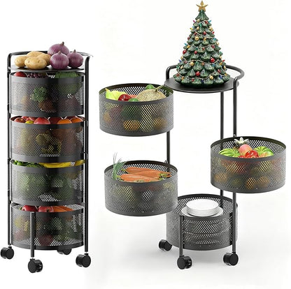 Kitchen Storage Rack No Assembly, 4-Tier Metal Storage Tower Cart Organizer on Rolling Wheels with Removal Basket for Fruit Vegetable Grocery Corns Potato Onion,Fruteros Para Cocina (4-Tier, Black)