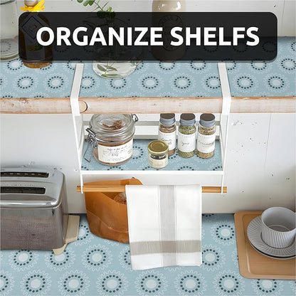 18X96 Inch Shelf Liner for Kitchen Cabinets, PVC Drawer Liner for Dresser Non-Slip Bathroom, Non-Adhesive Cabinet Liner Washable (Blue Circle)(4 Roll)