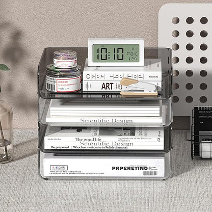 4-Tier Acrylic Paper Tray Organizer for Desk, Clear & Brown Stackable Letter Trays, Modern Desktop File Organizer with Snap-Fit Design, Office Desk Accessories
