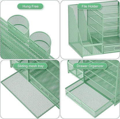 Marbrasse Desk Organizer with File Holder, 5-Tier Paper Letter Tray Organizer with Drawer and 2 Pen Holder, Mesh Desktop Organizer and Storage with Magazine Holder for Office Supplies (Green)
