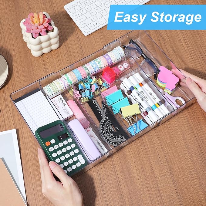 Oqqlin Expandable Acrylic Drawer Organizer, Clear Desk Drawer Organizers Tray with 8 Adjustable Compartments Multifunctional Desk Accessories for Vanity, Office, Kitchen, Bathroom
