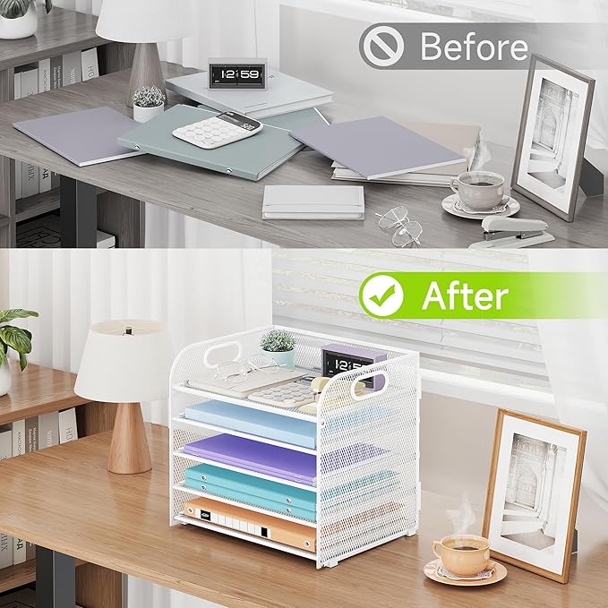 2 Pack 5 Tier Paper Organizer, Letter Tray with Handle, Mesh Desk Organizer, Metal File Organizer, Office Desk Accessories for Home, Office, Classroom, School -White