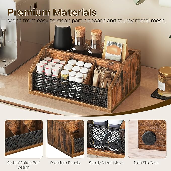 Coffee Pod Organizer, Wooden Coffee Bar Organizer for Countertop, Versatile Pod Holder with Dividers, Holds Syrup, Cups, Tea Bags, Easy Assembly, Rustic Brown KH11BR