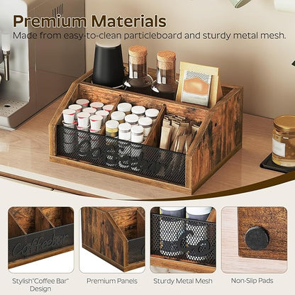 Coffee Pod Organizer, Wooden Coffee Bar Organizer for Countertop, Versatile Pod Holder with Dividers, Holds Syrup, Cups, Tea Bags, Easy Assembly, Rustic Brown KH11BR