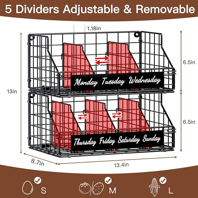 Egg Basket for Countertop, Egg Holder Countertop with 5 Dividers & Labels, 2 Tier Stackable Wire Storage Baskets to Keep Eggs Organized, Optimized Height Egg Storage for Coutertop Cabinet, Black