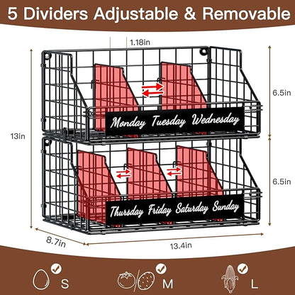 Egg Basket for Countertop, Egg Holder Countertop with 5 Dividers & Labels, 2 Tier Stackable Wire Storage Baskets to Keep Eggs Organized, Optimized Height Egg Storage for Coutertop Cabinet, Black