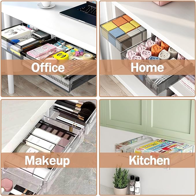 Under Desk Table Drawer Storage Organizer,2 Pack Large & Medium Slide Out Desk Drawers - Hidden Desktop Organizer,Attachable Pencil Storage Tray Under Table(ML)