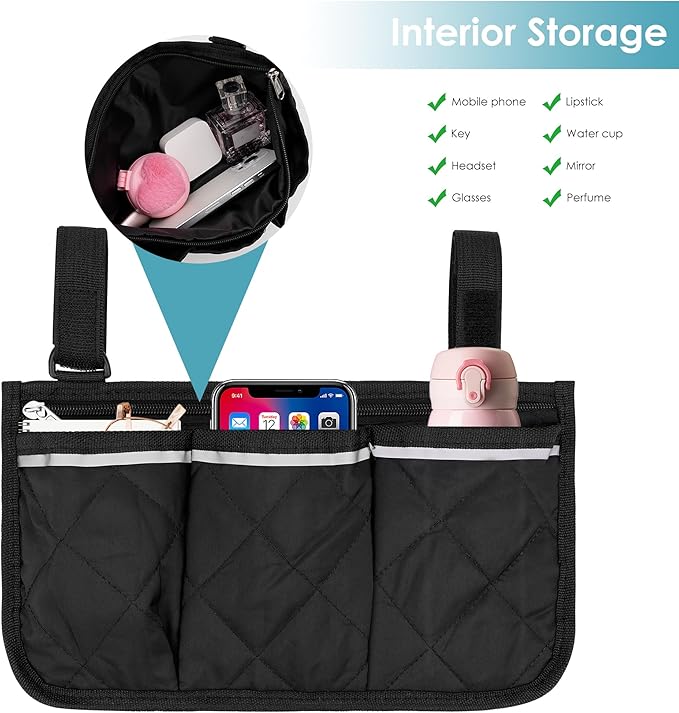 SHIDOW Wheelchair Side Bag, Bedside Caddy Hanging Bed Organizer Storage Bag, 4 Pockets, for College Dorm Rooms Hospital Rails Bed (Black)