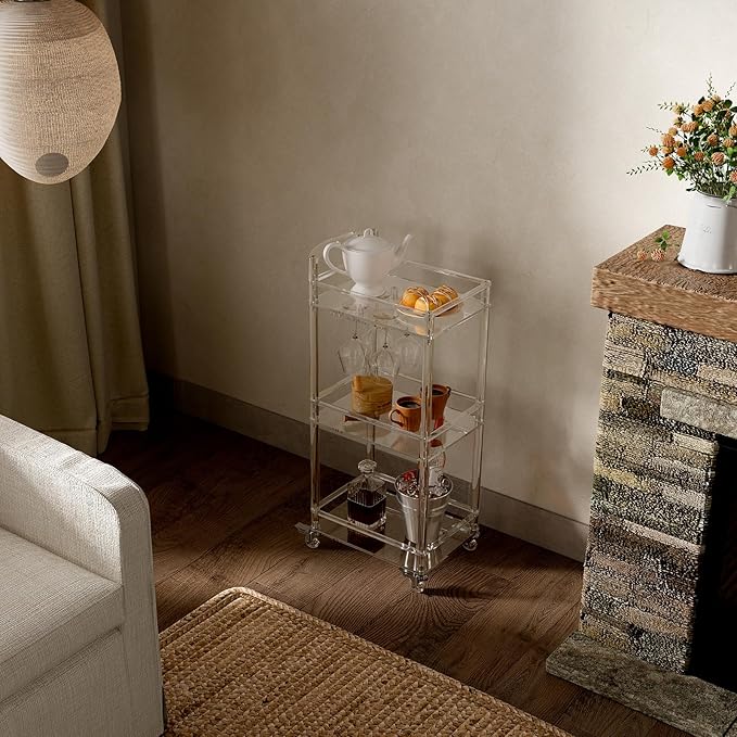 Eglaf Small Acrylic Bar cart - 3 Tier Home Bar Cart Rolling Serving Cart with 4 Lockable Wheels, Glass Holders, Handle, for Living Room, Kitchen, Bedroom, Bar, 15.6" L x 11.6" W x 35" H