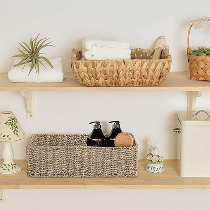 HOMESTEAD 2-Pack Rectangular Seagrass Storage Baskets with Built-In Handles, Handwoven Wicker Baskets for Pantry, Shelf, Closet & Bathroom Organization, 16 × 6.75 × 4.25 in