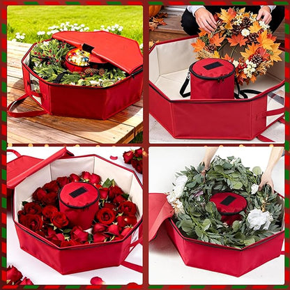 Wreath Storage Christmas Garlands Bag with Interior Pockets Large Xmas Container Box for Holiday Decorations Case with Dual Zipper and Handles Window Labeling Card Slot 24" Red