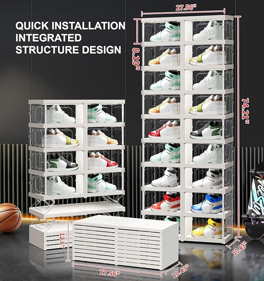 CIMLORD 9-Tier 18-Pairs Foldable Shoe Rack with Magnetic Doors,4-Sided Clear Design,Taller Storage for High Shoes & Sneakers,Stackable Shoe Storage Cabinet Space-Saving Organizer for Closet,Cloakroom