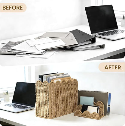 AELS Hand Woven Scalloped Basket Set of Mail Organizer and Magazine Holder, Coastal Style Mail Holder and Floor Magazine Rack, Boho Modern Farmhouse Book Basket Newspaper Bill Mail Sorter for Office
