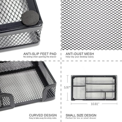 Desk Drawer Organizer Tray, Small Metal Mesh Desk Organizer Tray with 6 Compartments, Office Pencil Drawer Organizer Accessories for Stationery, Desktop, Bathroom, Kitchen, Makeup, Vanity, School