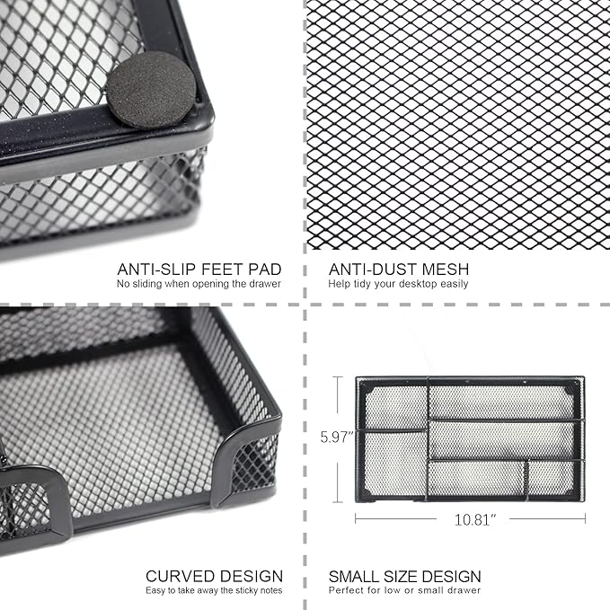 Desk Drawer Organizer Tray, Metal Mesh Drawer Office Drawer Organizer w/6 Compartment, Small Desk Organizer Tray for Home Office School Supplies, Desktop, 11X 6 X 1.45in, Black