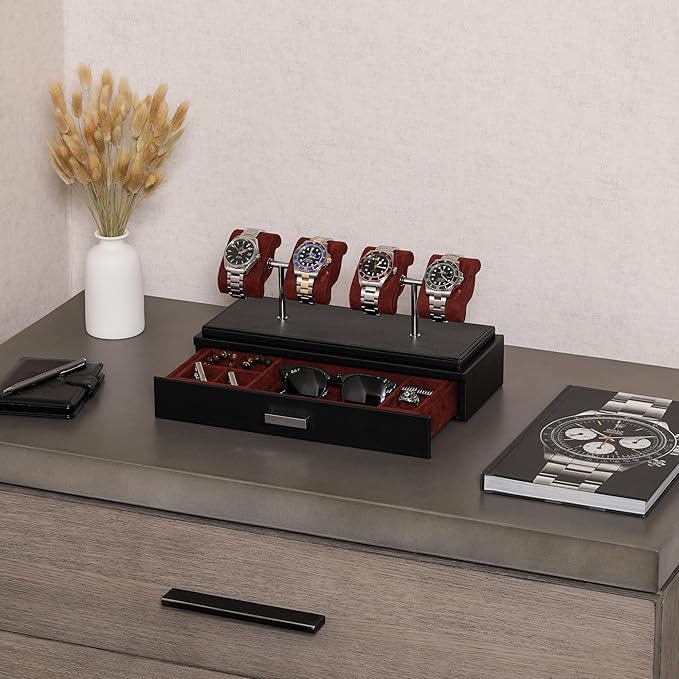 ROTHWELL Luxury Watch Display Case for 4 Watches – Leather Watch Box with Acrylic Cover and Removable Slide in Cushions – Accessory Drawer with Multiple Configurations (Black/Red)